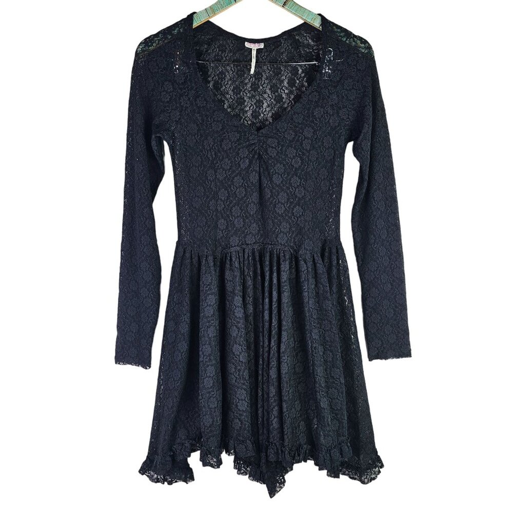 Intimately Free People Sheer Full Lace Assymetrical Hem Long Sleeve Skater Dress - Picture 2 of 9